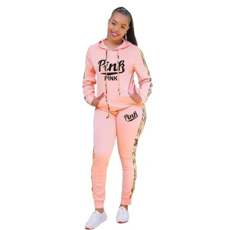 Women Tracksuits Set Print Hooded Letters Tops Long Pants Elastic Outfits