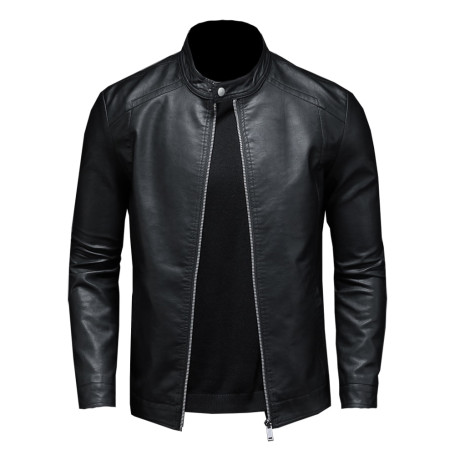 Leather Jacket Men Stand Collar Slim Pu Leather Jacket Fashion Motorcycle Causal Coat Men's Moto Biker Leather Coat