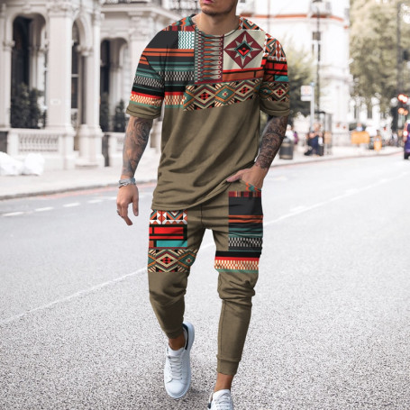 Men's Tracksuit Geometric Shape Pattern Short-Sleeve T-shirt 2 Piece Set