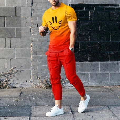 Clothes Fashion Man 3D Printing Yellow Believe Sleeve T-Shirt Trousers Suit Long Pants Street Clothes Men Clothing Set