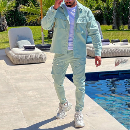 Men's Two Piece Sets Trend Turn-down Collar Jackets and Pockets Pants Suits Men Fashion Slim Fit Outfits