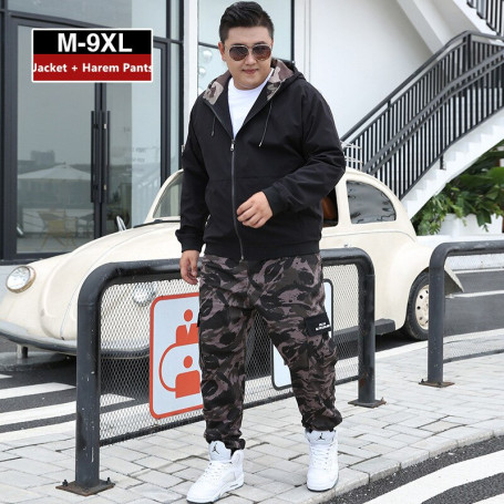 Men Clothes Tracksuit Harem Cargo Camouflage Jacket Pants 2 Piece Set Mens Hoodies XXXXL Coat Track Suit 6XL 7XL 8XL 9XL