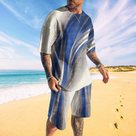 Men Suit 3D Printed Striped Pattern T-shirts Set