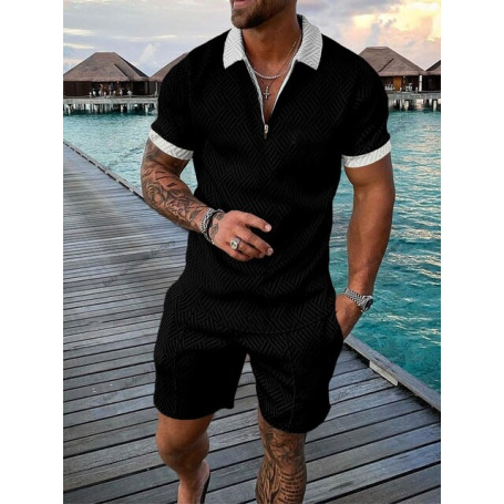 Men's Zipper Polo Shirt & Shorts Set Casual Streetwear