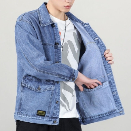 High-end Denim Men's Baggy Multi-pocket Lapel Casual Jacket