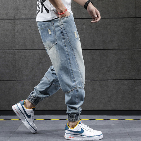 Ripped Jeans Men's Fashion Loose Ankle-Length Denim