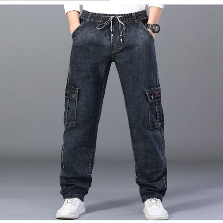 Men's Fashion Multi Pocket Loose High Waist Straight Long Jeans