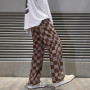 Men's Brown Check Print Baggy Jeans Korean Fashion Streetwear Denim
