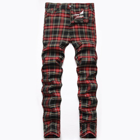 Men's Casual Plaid Striped Jeans Skinny Stretch Pencil Denim