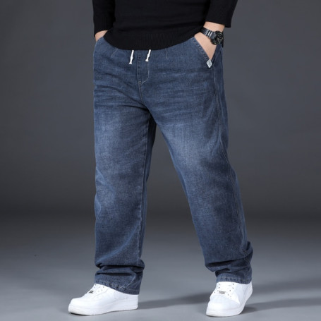 Oversize Men Cotton Denim Pants Loose Trousers Elastic Waist