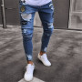 Men Stylish Ripped Jeans Skinny Straight Frayed Denim Trousers