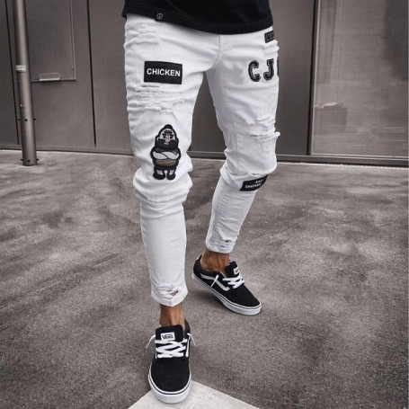 Men Stylish Ripped Jeans Skinny Straight Frayed Denim Trousers