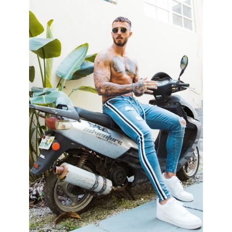 Men Skinny Jeans Biker Destroyed Frayed Fit Denim Ripped Side Stripe Pencil Pants Hip Hop Streetwear Jeans S-3XL