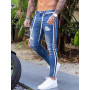 Men Skinny Jeans Biker Destroyed Frayed Fit Denim Ripped Side Stripe Pencil Pants Hip Hop Streetwear Jeans S-3XL