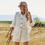Women's Casual Outfit Suits Women White Shirt Blouse Tops Cotton Linen Shorts Pants 2 Piece Sets