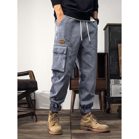 Men's Cargo Pants Stretch Cotton Denim Pants Plus Size Ankle Length Casual Jean Trousers