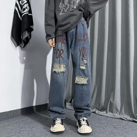 Men's clothes High Street Hip Hop Letter Printed Jeans Men Fashion Brand Straight Leg WideLeg Loose Couple