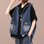 Women's plus size hooded denim vest solid color casual pocket sleeveless denim jacket street women's clothing