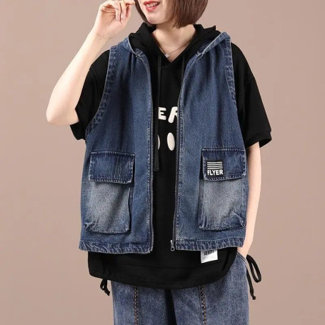 Women's plus size hooded denim vest solid color casual pocket sleeveless denim jacket street women's clothing