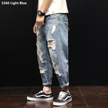 Men Ripped Ankle Length Plus Size Jeans 38 40 42 Harem Holes Hip Hop Trousers Denim Scratched Loose Boys Cool Blue Pants
