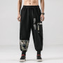 Men Cotton Linen Samurai Print Belt Retro Harem Pants Baggy Trousers Harajuku Hip Hop