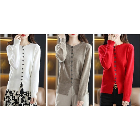 Women's Wool Crew Neck Waist Slit Slim Fit Long Sleeve Cardigan Knit
