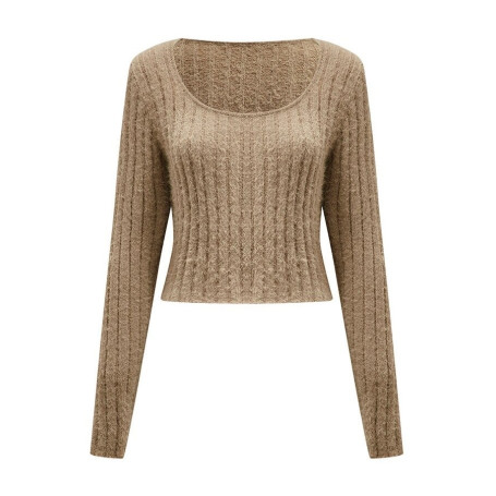Wool  Light Brown Short Pullover Sweater for Women Lines Pattern Knitted O Neck