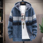 Men's Knitting Coat Rectangular Stripe Printing Cardigan Hooded Pockets Zipper Thick Loose