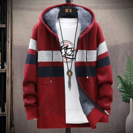 Men's Knitting Coat Rectangular Stripe Printing Cardigan Hooded Pockets Zipper Thick Loose