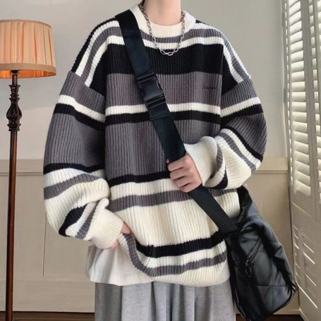 Men's Clothing Striped Color Sweater Fashion Design Sense Loose Knit Warm Knitted Sweater