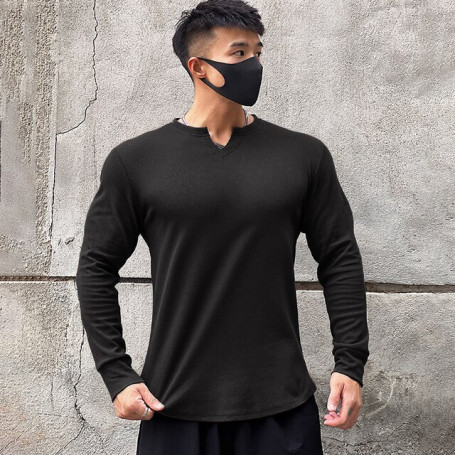 V-neck Fitness Cotton Long Sleeve Men's High Elastic Slim T-shirt