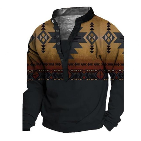 Stand Collar Pullover Geometric Print Vintage Buttons Men Spring Shirt