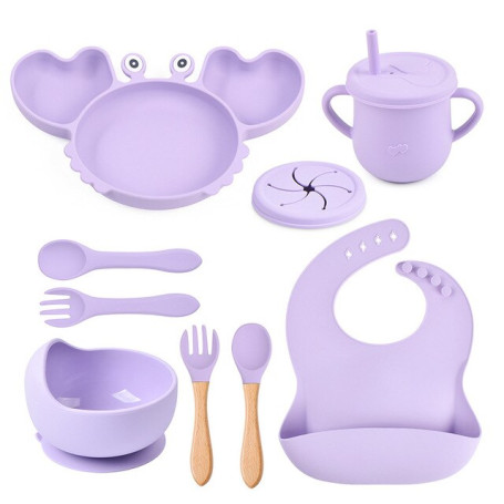 8-piece Baby Tableware Set Soft Silicone Bowl Crab Dinner Plate Bib Fork Spoon Cup Set Baby Anti-skid Silicone Cutlery BPA Free