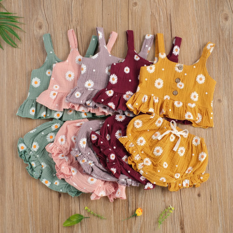 Summer Newborn Baby Girl’s Flower Printed 2Pcs Clothes Set Sleeveless Cotton Linen Ruffled Tops+e Shorts Infant Suit