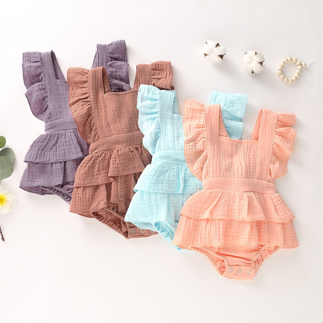 Summer New Baby Girl’s Casual Fly Sleeve Romper Cotton Linen Fresh Solid Color Backless Ruffles Jumpsuits Infant Clothes