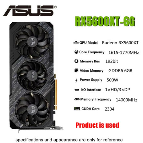 Used ASUS Graphics Cards AMD RX 5600 XT 6GB GDDR6 Mining GPU Video Card 192Bit Computer RX5600XT