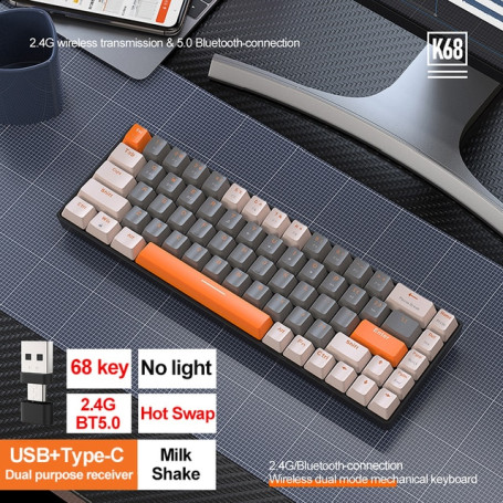 K68 2.4G/BT5.0 Wireless Gaming Mechanical Keyboard 68 Keys Hotswap Mini Gaming Mechanical Keyboard PBT Keycaps 65% Keyboards