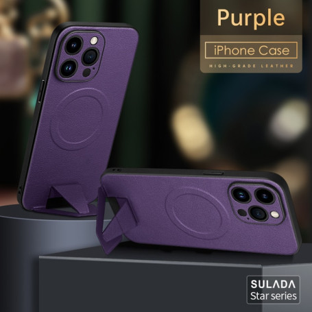 Sheepskin Texture Leather Phone Case For Iphone 13 14 Pro Max With Stand Hidden Shrink Bracket Support MagSafe Wireless Charging