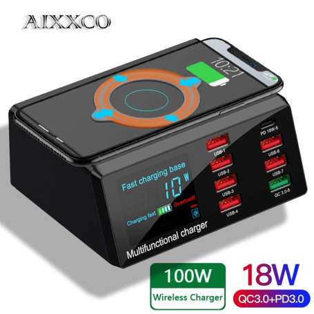 AIXXCO 100W Wireless USB Charger Dock 18W PD QC3.0 Fast Charger Station Smart LED Display 8 Ports USB for Samsung Huawei iPhone