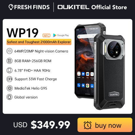 WP19 Rugged Night Vision Smart Mobile Phone 21000 mAh, 8 GB, 256 GB, 64M Camera 90 Hz Helios G95