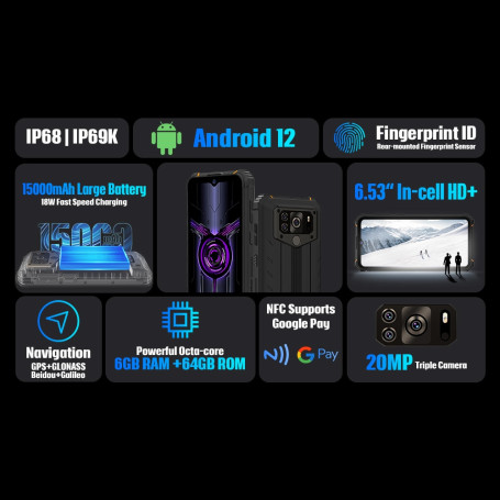 HOTWAV W10 Pro/W10 Smartphone 15000mAh 6GB+64GB/4GB+32GB 1TB Expansion Rugged MobilePhone Android 12 6.53'' 20MP/13MP Cellphone