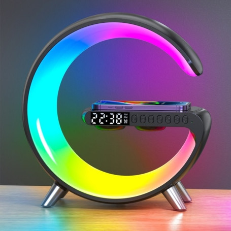 15W Alarm Clock Wireless Charger Station App Control RGB Atmosphere Night Light Bluetooth Speaker For Iphone 14 Samsung Xiaomi
