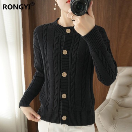 Ladies' New 100%Cotton Knit Cardigan Twist Loose Jacket O-Neck Long-Sleeve Sweater Thick Warm Short Shirt Women Tops