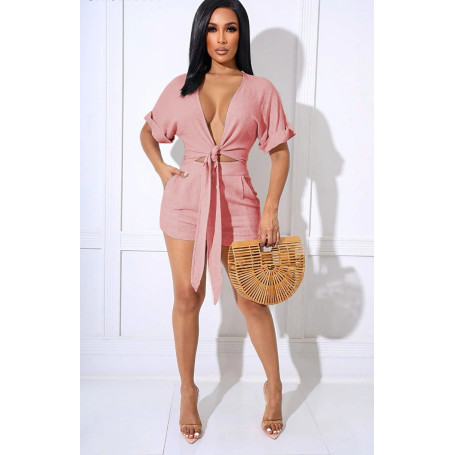 CM.YAYA Basic Classic Women 2pcs Set Tie Up V-neck Shirts and Shorts Set Sweatsuit Tracksuit Two Piece Set Fitness Outfit 2022