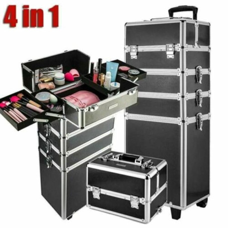 4 in 1 Aluminium Makeup Trolley Cosmetic Case Large Storage Box Makeup Nail Art Beauty Cosmetic Vanity Case Pull Box