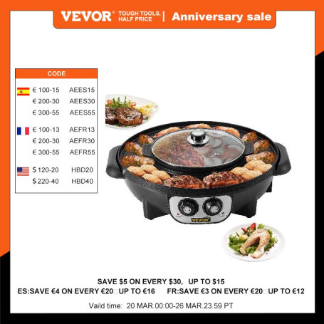 2 in 1 Electric Hot Pot BBQ Grill 2200W Multifunction Portable Home Non-Stick Split Pot Smokeless Skillet Barbecue Pan