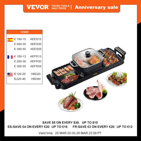 VEVOR 2in1 Electric BBQ Pan Grill Hot Pot 2400W Multifunction Home Portable Smokeless Nonstick Detachable Hot Pot Barbecue Plate