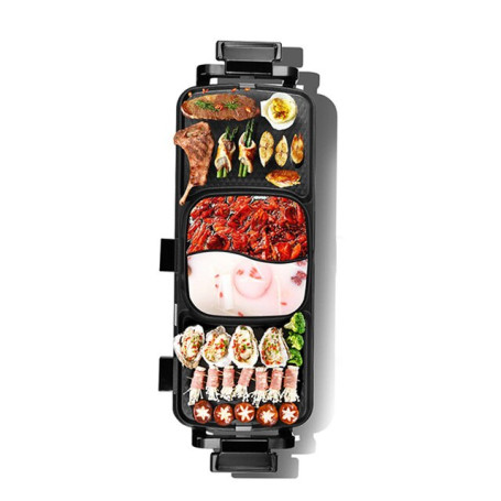 89x26cm 2200W 2in1 Electric Multi Cooker Barbecue Pan Hot Pot Cooker Electric BBQ Griddle Non-Stick Stir-fry Hotpot Baking Plate