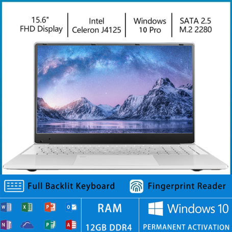 RAM 12GB-DDR4 15.6inch IPS Laptop Windows10/11 Intel Celeron J4125 Notebook 128G-1TB SSD Fingerprint Backlit Keyboard 5G-WIFI