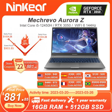Mechrevo Aurora Z Gaming Laptop, Intel Core i5-12450H, RTX 3050, 15.6-inch 144Hz WiFi 6, 16GB+512GB , Windows 11 Gaming Notebook
